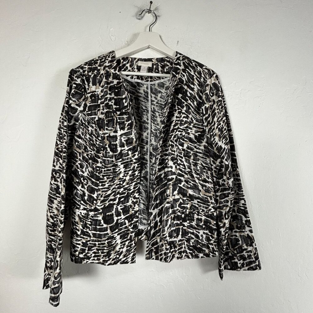 Chico's Womens Black White Abstract Print 100% Cotton Jacket Size 2 Lightweight